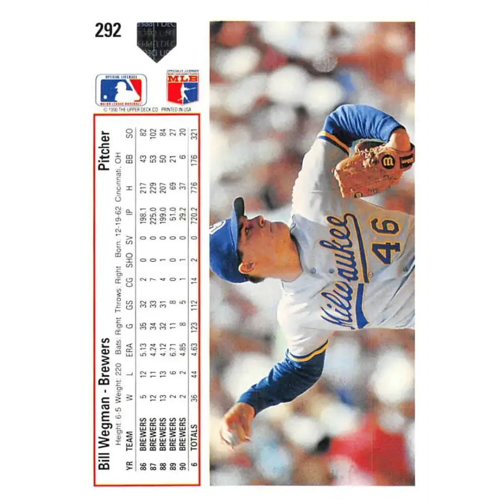 1991 Upper Deck #292 Bill Wegman NM-MT Milwaukee Brewers Baseball Card - Baseball Card Single