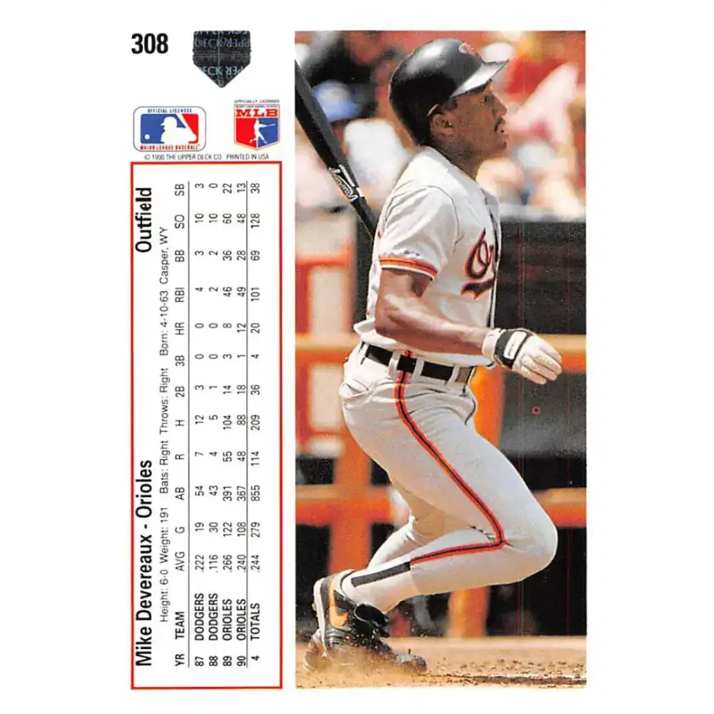 1991 Upper Deck #308 Mike Devereaux EX Excellent Baltimore Orioles Baseball Card - Baseball Card Single
