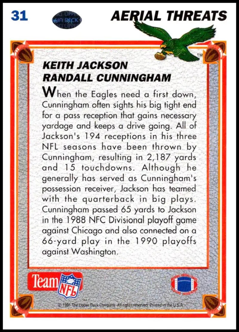 1991 Upper Deck #31 Randall Cunningham/Keith Jackson NM-MT Philadelphia Eagles Football Card - Football Card Single