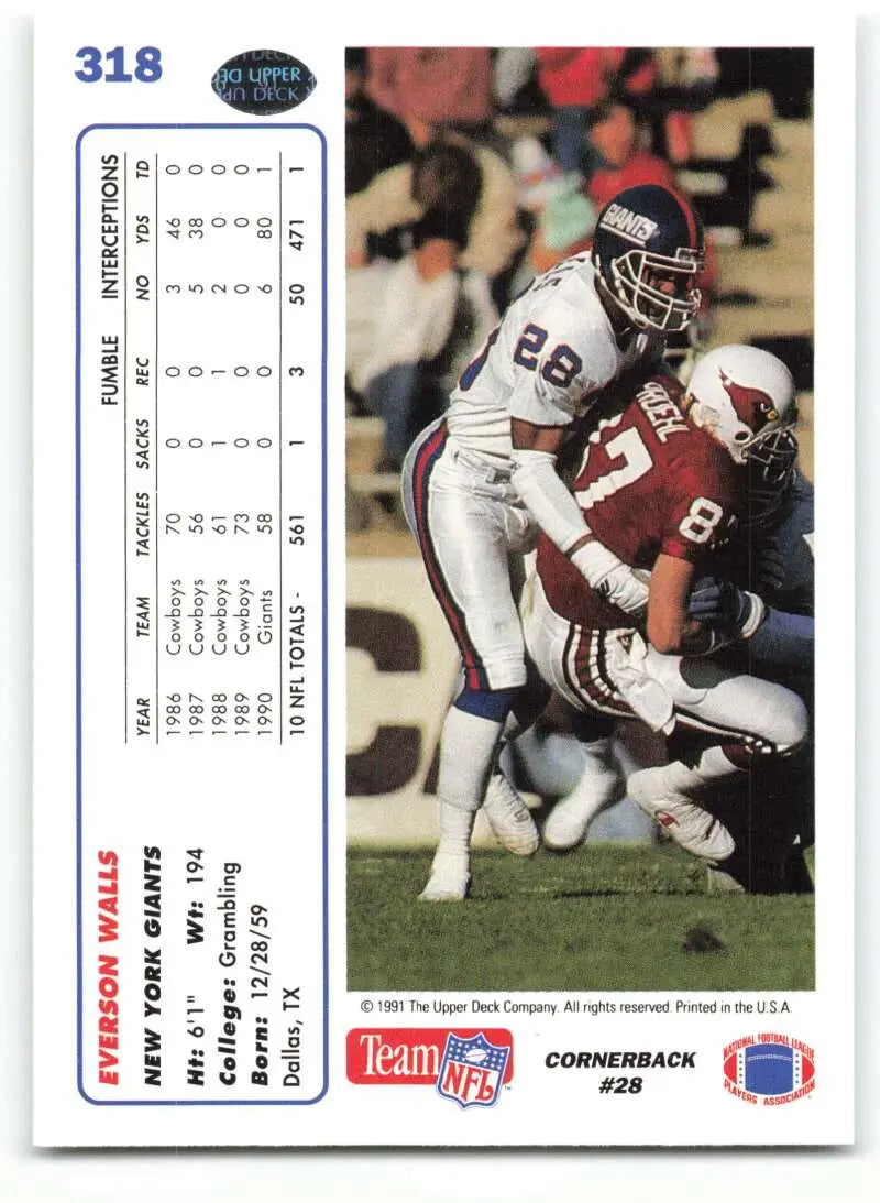 1991 Upper Deck #318 Everson Walls NM-MT New York Giants Football Card - Football Card Single