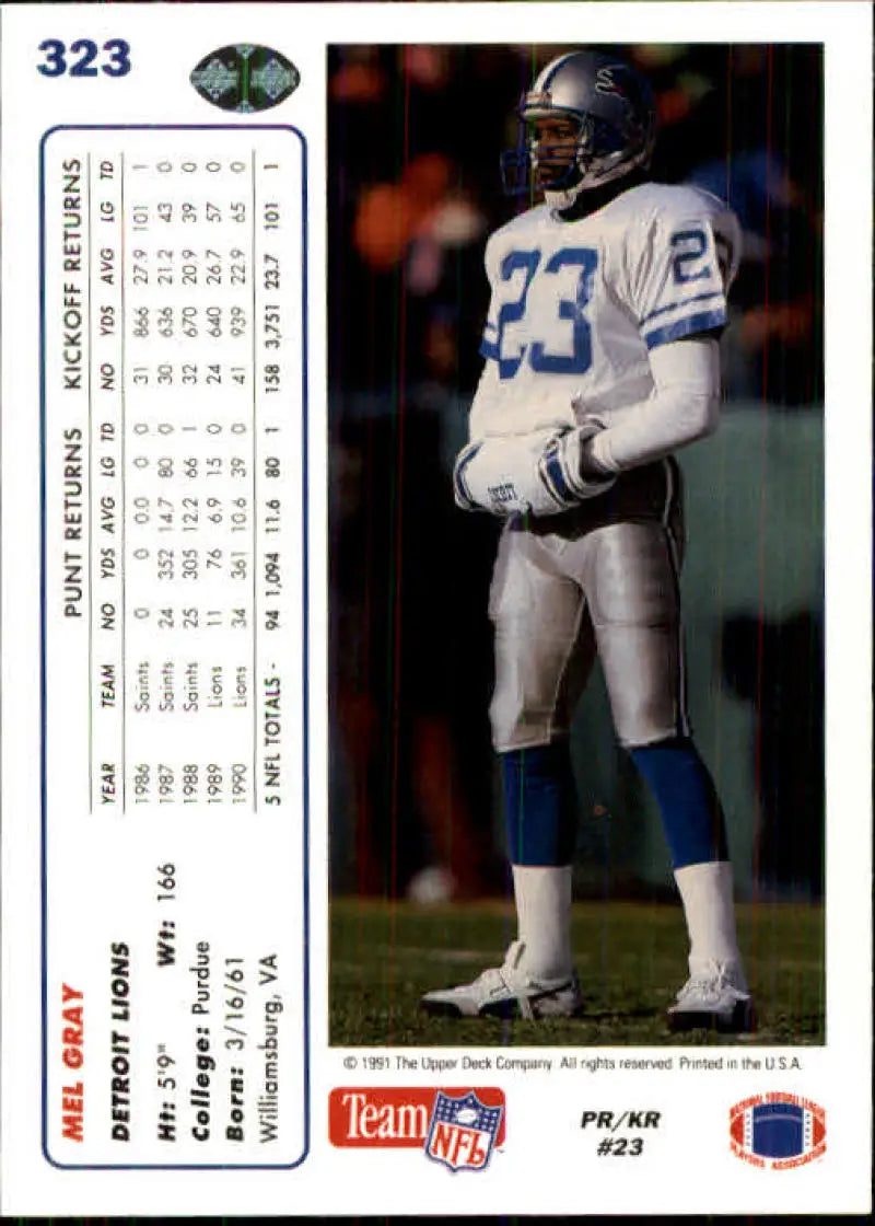 1991 Upper Deck #323 Mel Gray NM-MT Detroit Lions Football Card - Football Card Single