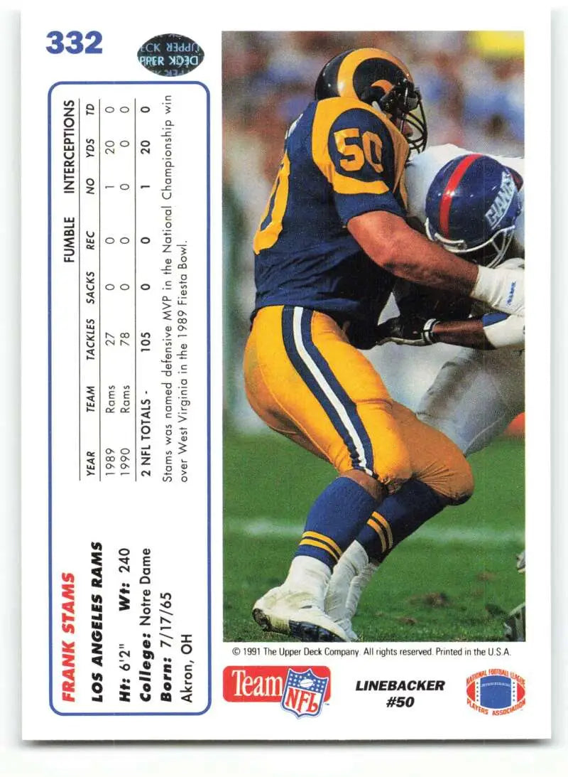 1991 Upper Deck #332 Frank Stams NM-MT Los Angeles Rams Football Card - Football Card Single