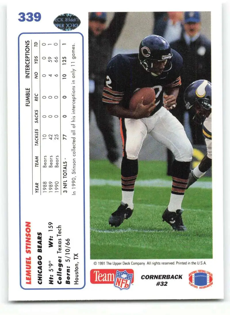 1991 Upper Deck #339 Lemuel Stinson NM-MT Chicago Bears Football Card - Football Card Single