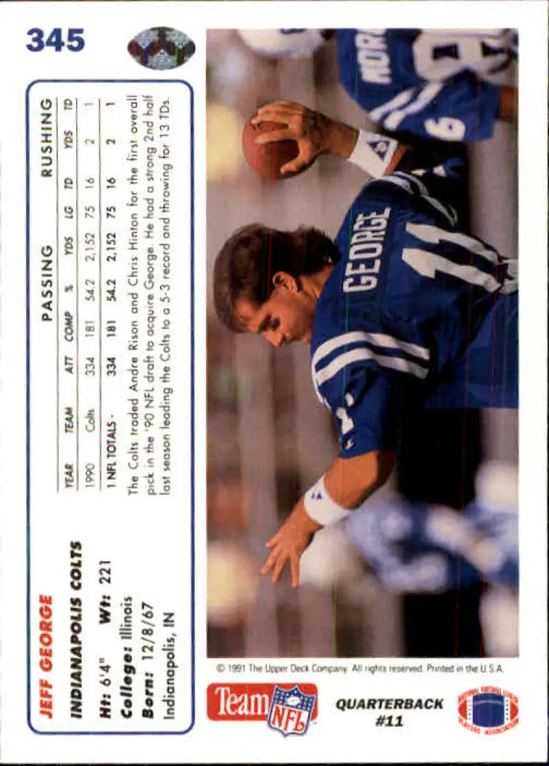 1991 Upper Deck #345 Jeff George NM-MT Indianapolis Colts Football Card - Football Card Single