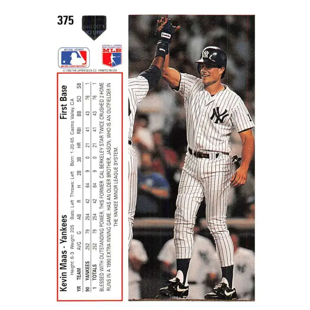 1991 Upper Deck #375 Kevin Maas EX Excellent New York Yankees Baseball Card - Baseball Card Single