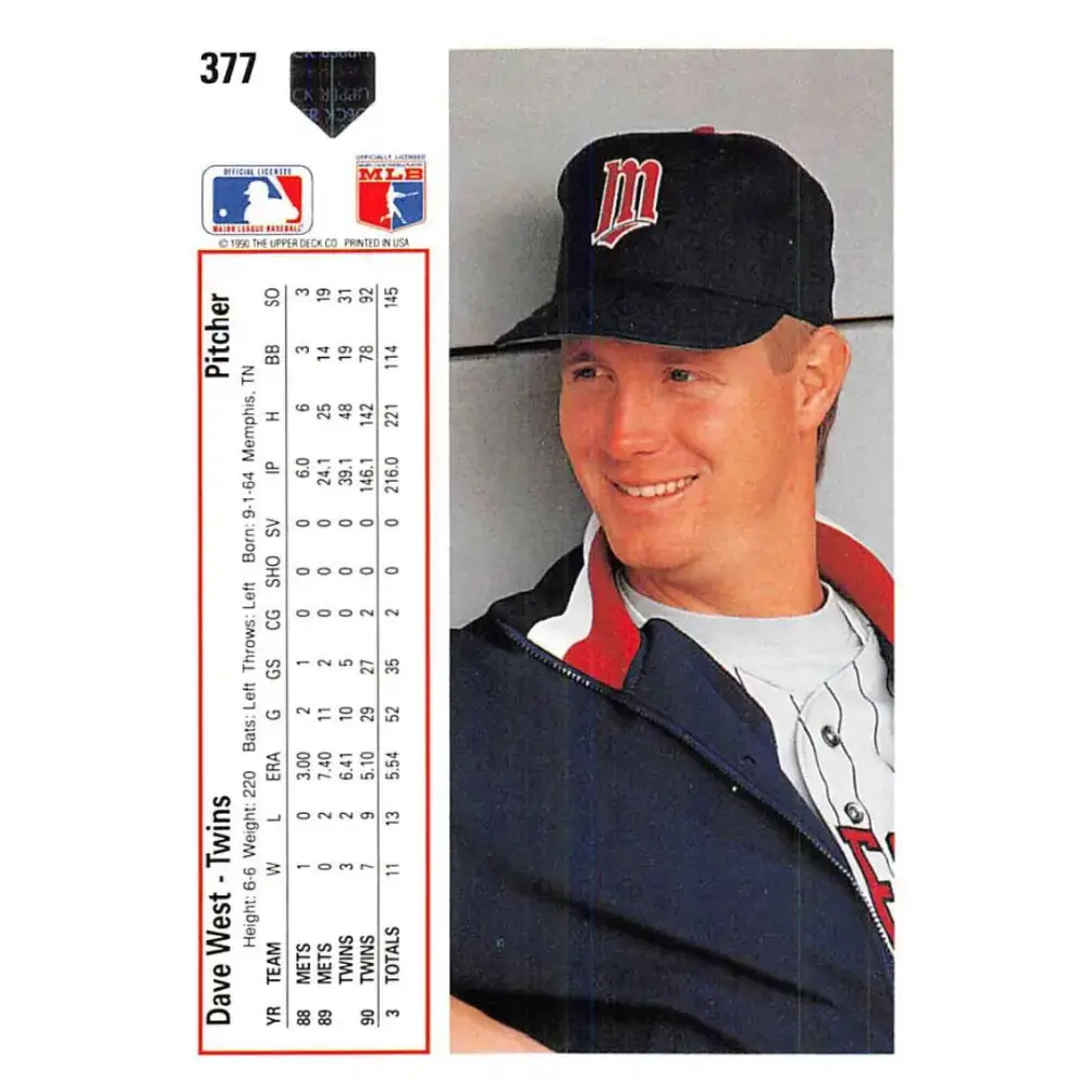 1991 Upper Deck #377 David West EX Excellent Minnesota Twins Baseball Card