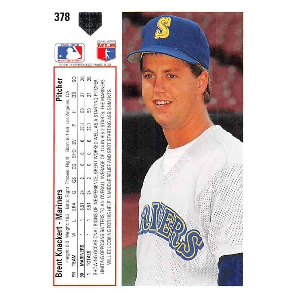 1991 Upper Deck #378 Brent Knackert EX Excellent Seattle Mariners Baseball Card - Baseball Card Single