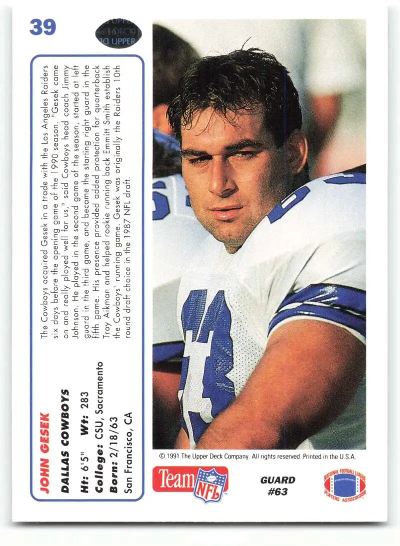 1991 Upper Deck #39 John Gesek NM-MT RC Rookie Dallas Cowboys Football Card - Football Card Single