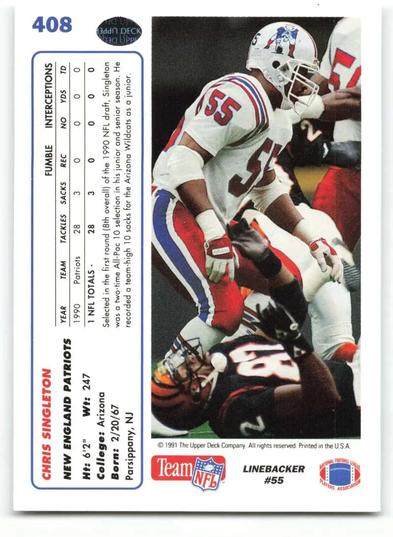 1991 Upper Deck #408 Chris Singleton NM-MT New England Patriots Football Card - Football Card Single