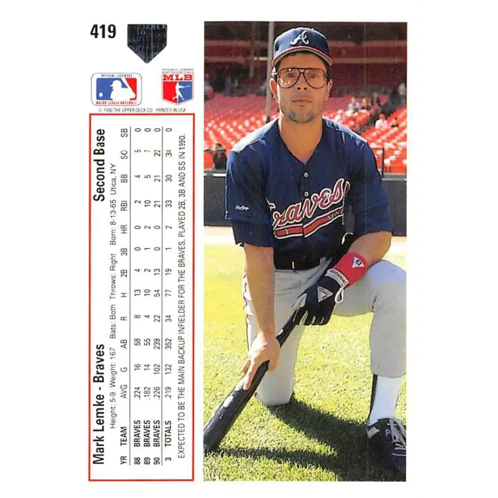 1991 Upper Deck #419 Mark Lemke EX Excellent Atlanta Braves Baseball Card - Baseball Card Single