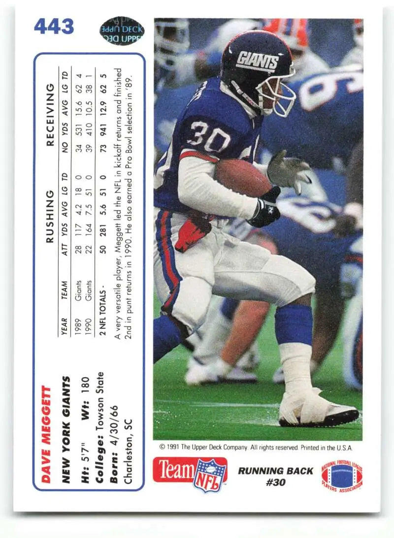 1991 Upper Deck #443 Dave Meggett NM-MT New York Giants Football Card - Football Card Single
