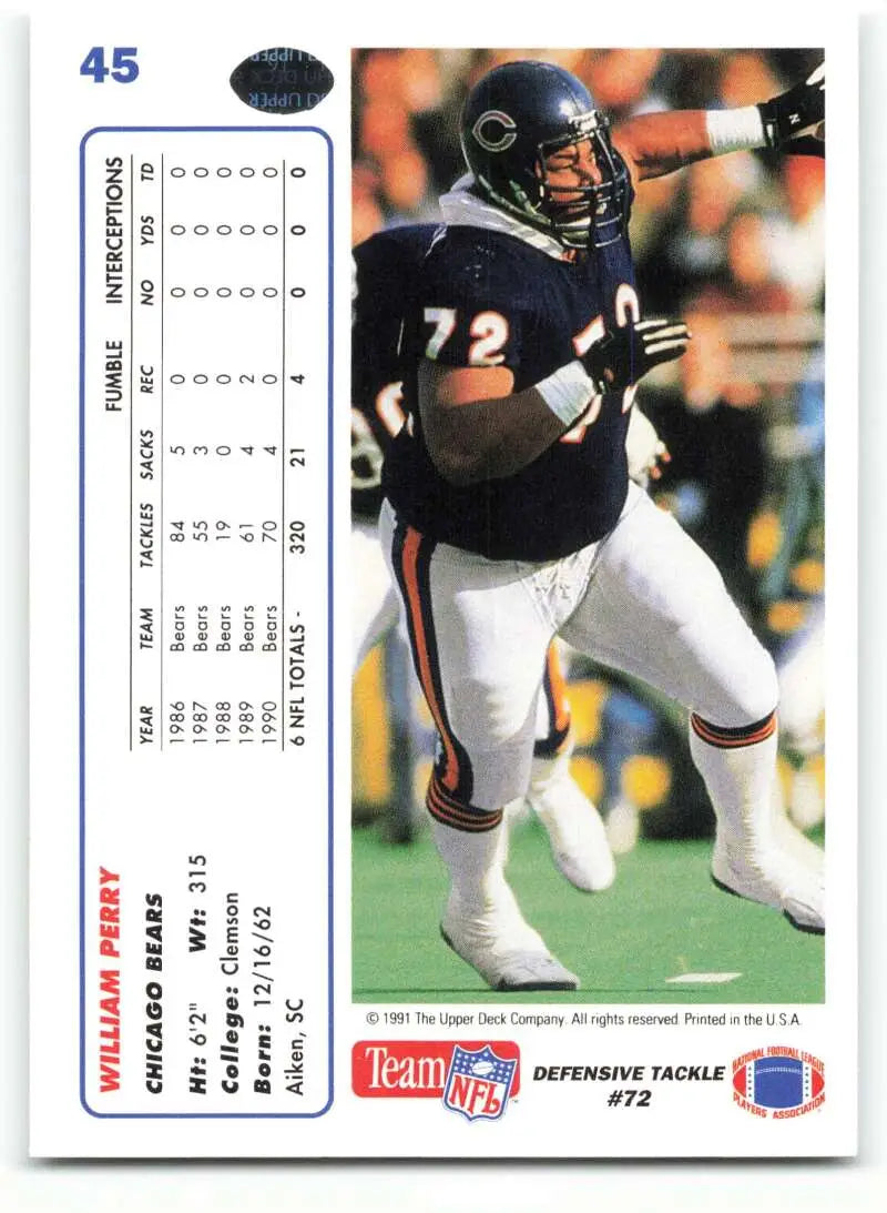 1991 Upper Deck #45 William Perry NM-MT Chicago Bears Football Card - Football Card Single