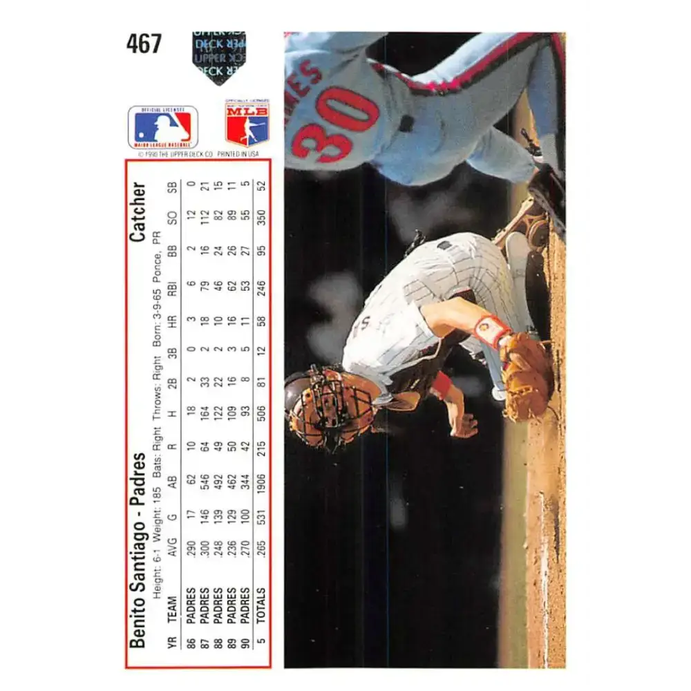 1991 Upper Deck #467 Benito Santiago EX Excellent San Diego Padres Baseball Card - Baseball Card Single