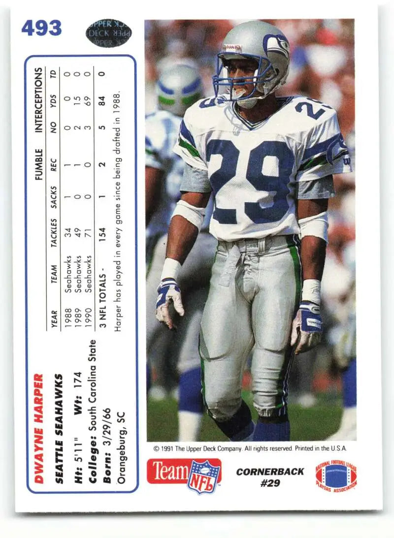 1991 Upper Deck #493 Dwayne Harper NM-MT RC Rookie Seattle Seahawks Football Card - Football Card Single