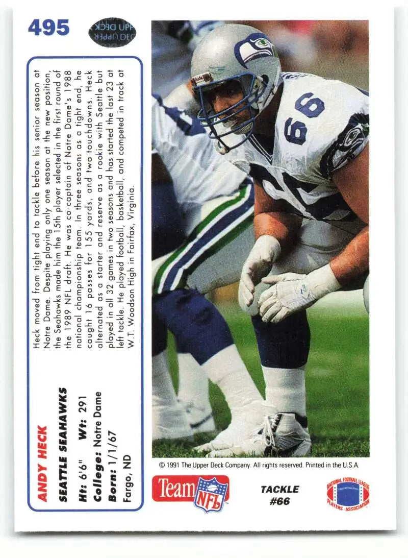 1991 Upper Deck #495 Andy Heck NM-MT Seattle Seahawks Football Card - Football Card Single