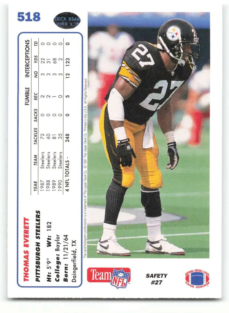 1991 Upper Deck #518 Thomas Everett NM-MT Pittsburgh Steelers Football Card - Football Card Single