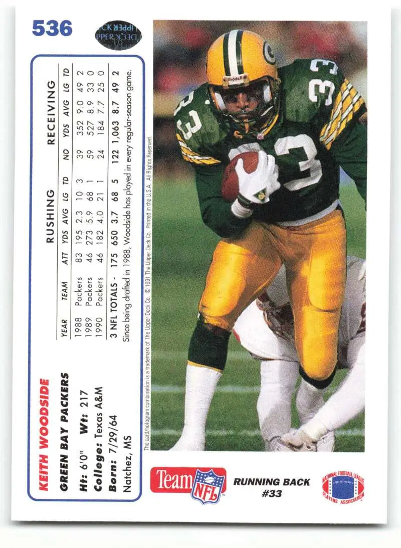 1991 Upper Deck #536 Keith Woodside NM-MT Green Bay Packers Football Card - Football Card Single