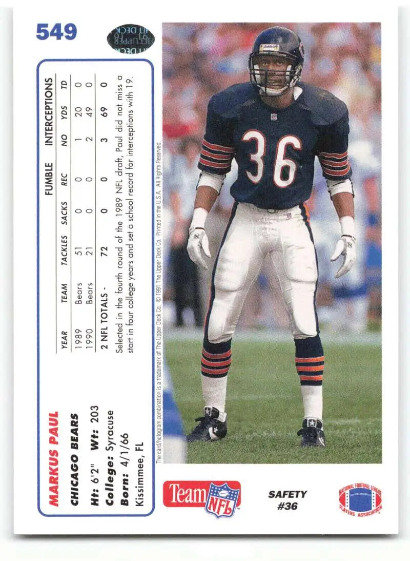 1991 Upper Deck #549 Markus Paul NM-MT RC Rookie Chicago Bears Football Card - Football Card Single