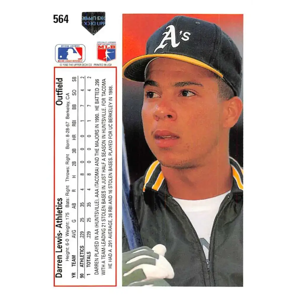 1991 Upper Deck #564 Darren Lewis EX Excellent Oakland Athletics Baseball Card - Baseball Card Single