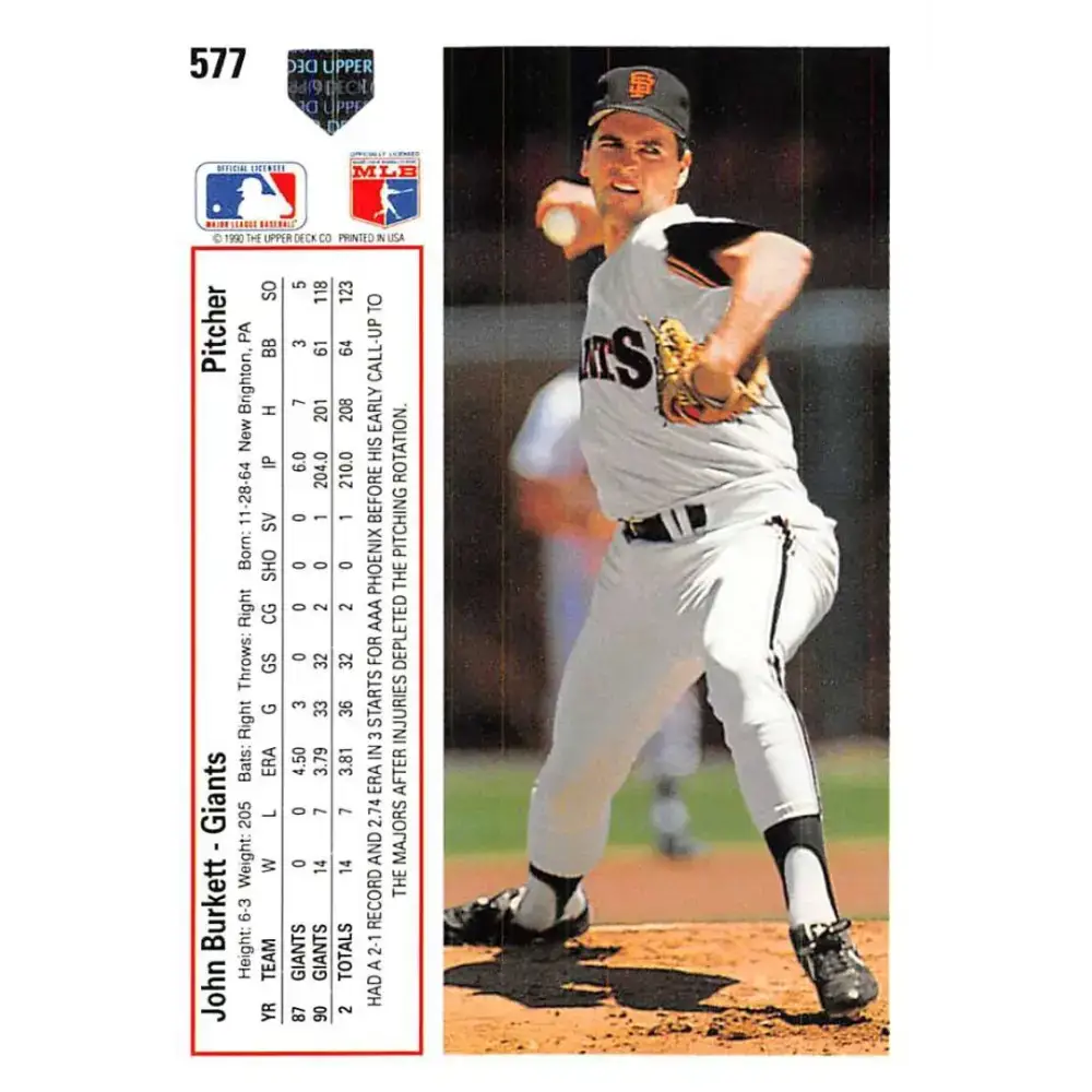 1991 Upper Deck #577 John Burkett EX Excellent San Francisco Giants Baseball Card - Baseball Card Single