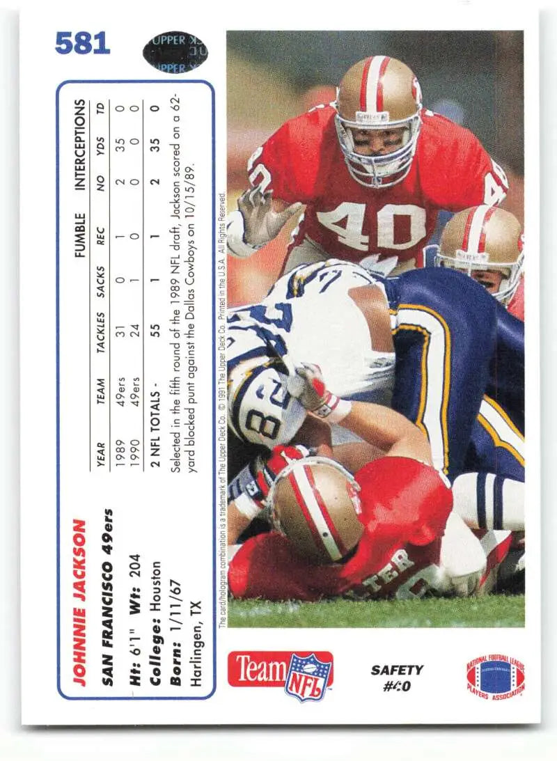 1991 Upper Deck #581 Johnnie Jackson NM-MT RC Rookie San Francisco 49ers Football Card - Football Card Single