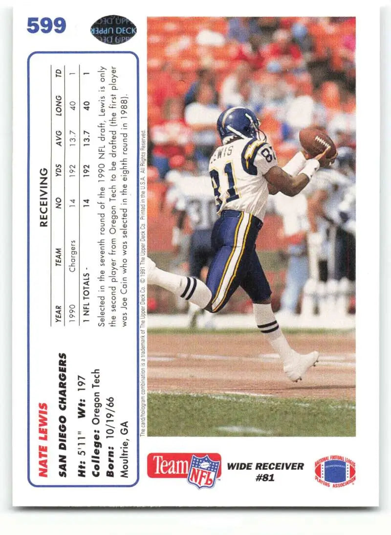 1991 Upper Deck #599 Nate Lewis NM-MT RC Rookie San Diego Chargers Football Card - Football Card Single