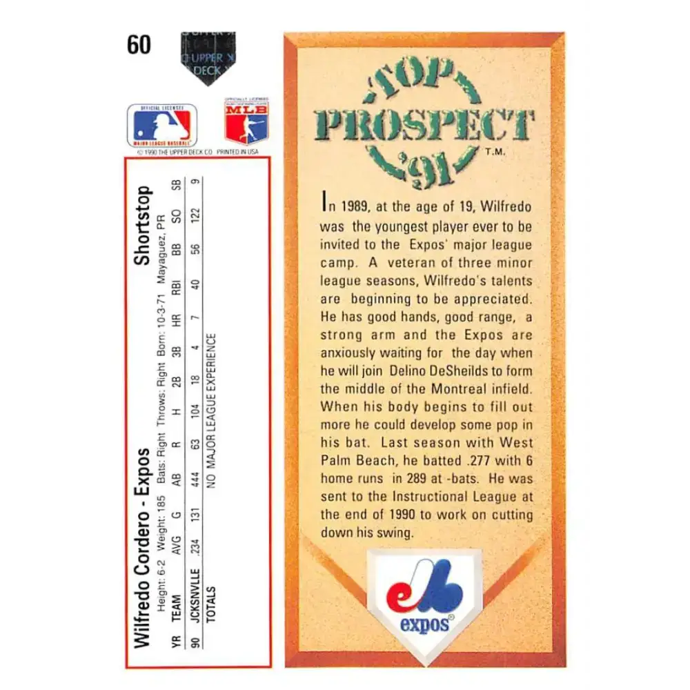 1991 Upper Deck #60 Wil Cordero NM-MT RC Rookie Montreal Expos Baseball Card - Baseball Card Single
