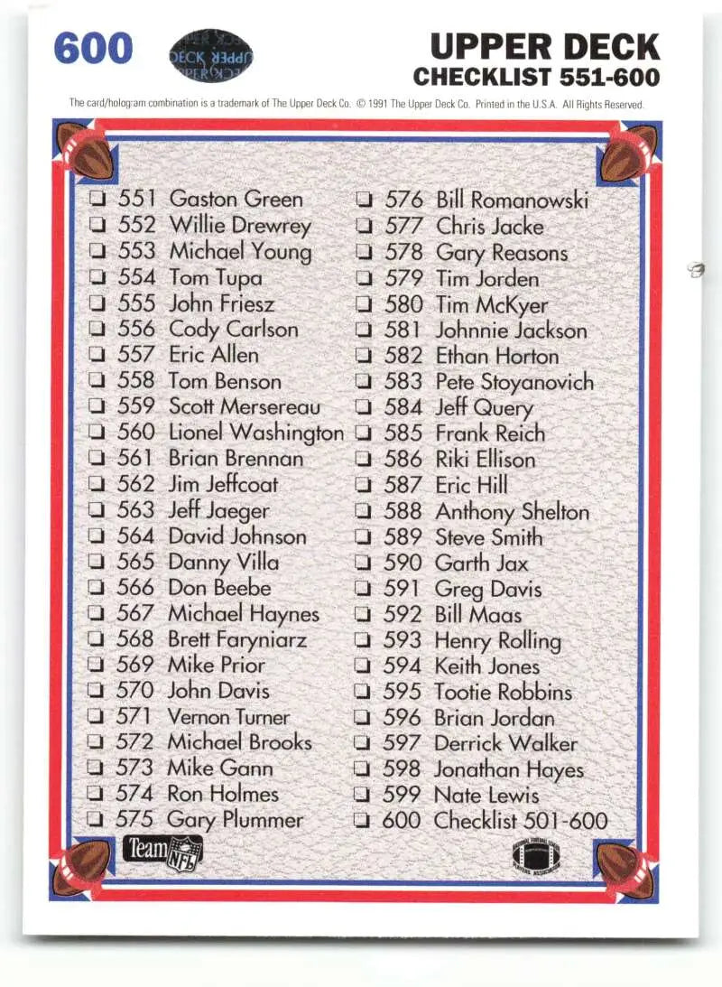1991 Upper Deck #600 Checklist 501-600 NM-MT Football Card - Football Card Single