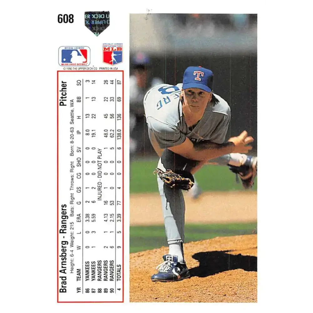 1991 Upper Deck #608 Brad Arnsberg EX Excellent Texas Rangers Baseball Card - Baseball Card Single