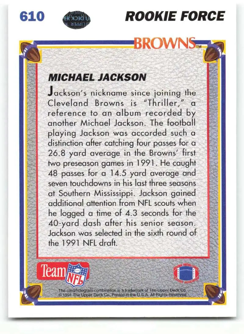 1991 Upper Deck #610 Michael Jackson NM-MT RC Rookie Cleveland Browns Football Card - Football Card Single