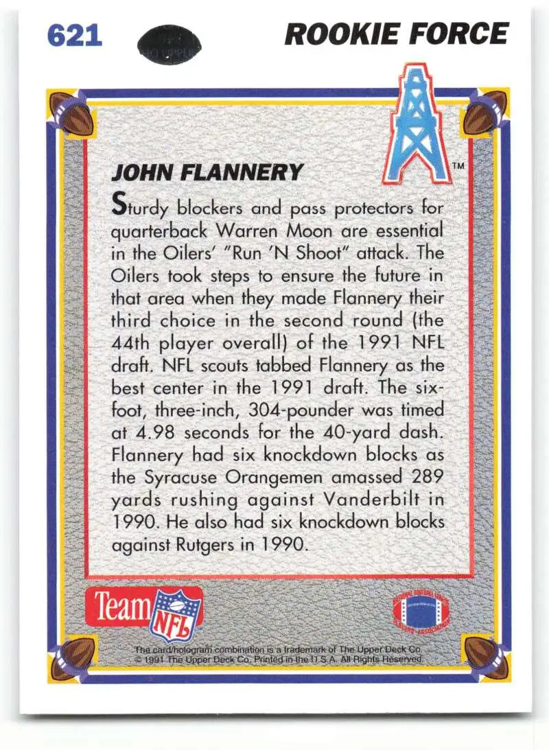 1991 Upper Deck #621 John Flannery NM-MT RC Rookie Houston Oilers Football Card - Football Card Single