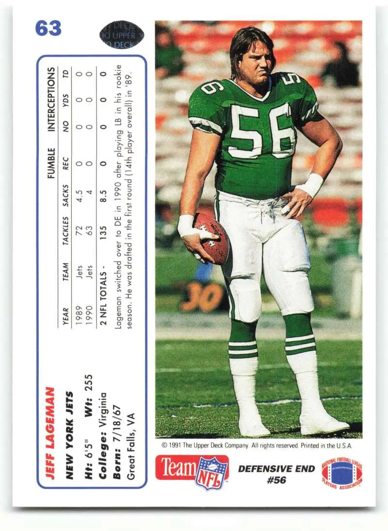 1991 Upper Deck #63 Jeff Lageman NM-MT New York Jets Football Card - Football Card Single