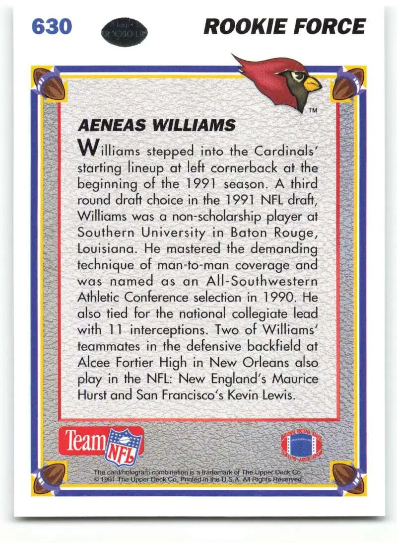 1991 Upper Deck #630 Aeneas Williams NM-MT RC Rookie Phoenix Cardinals Football Card - Football Card Single