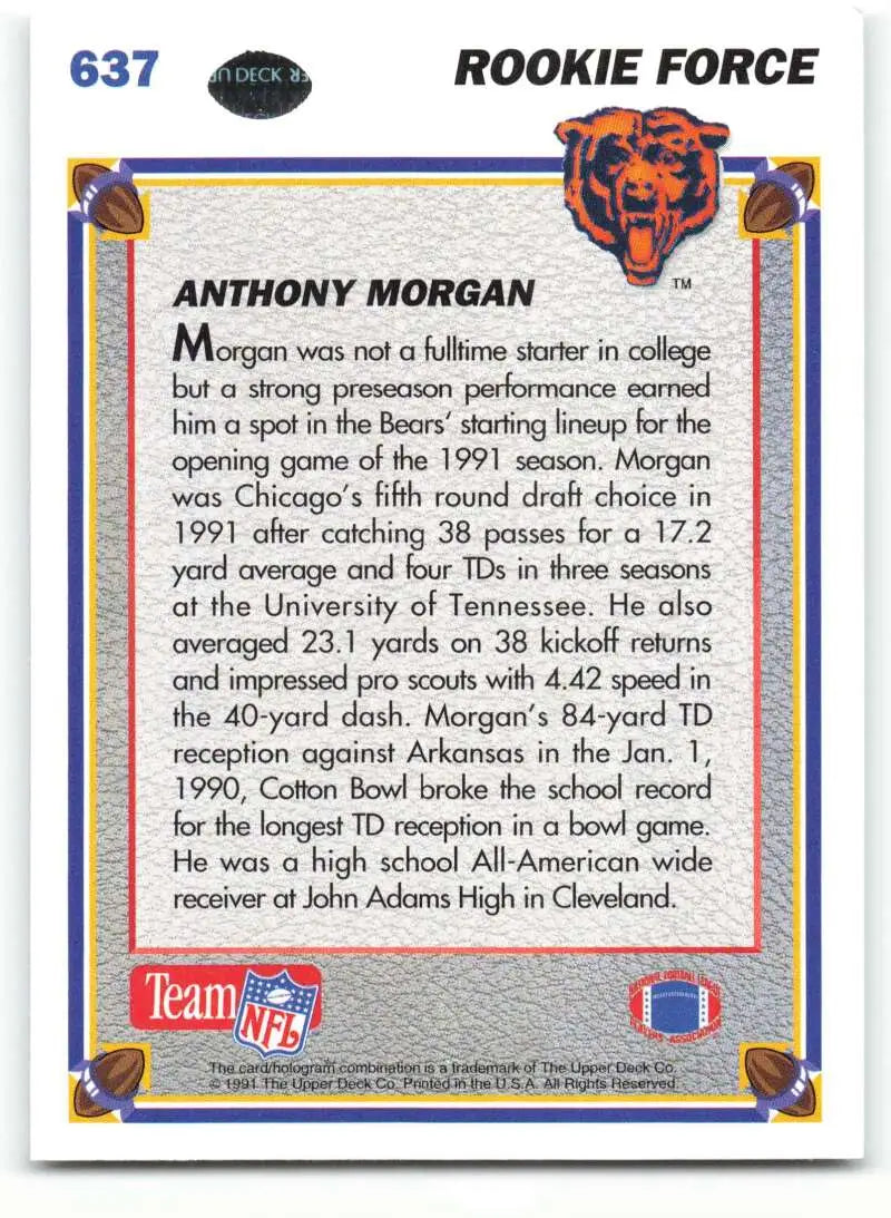1991 Upper Deck #637 Anthony Morgan NM-MT RC Rookie Chicago Bears Football Card - Football Card Single