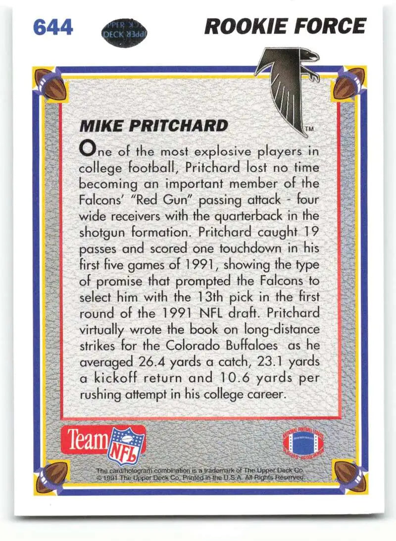 1991 Upper Deck #644 Mike Pritchard NM-MT Atlanta Falcons Football Card - Football Card Single