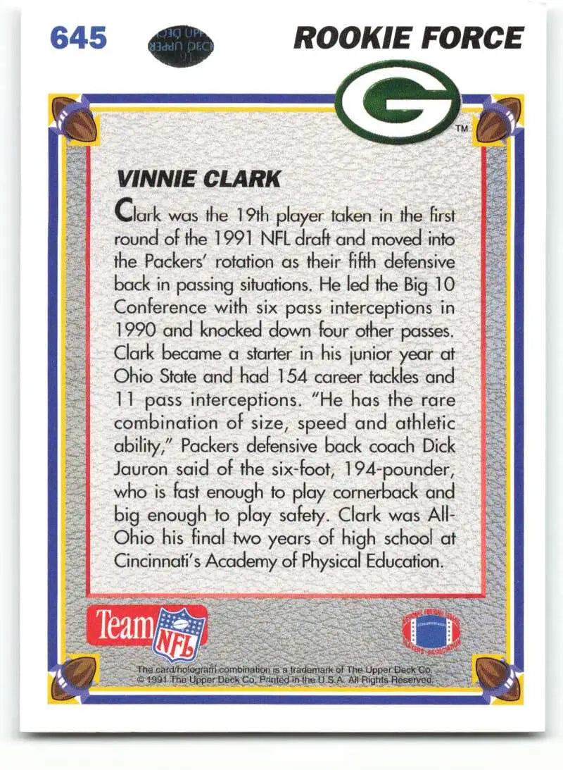 1991 Upper Deck #645 Vinnie Clark NM-MT RC Rookie Green Bay Packers Football Card - Football Card Single