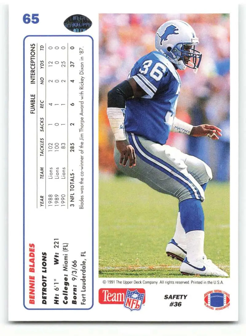1991 Upper Deck #65 Bennie Blades NM-MT Detroit Lions Football Card - Football Card Single
