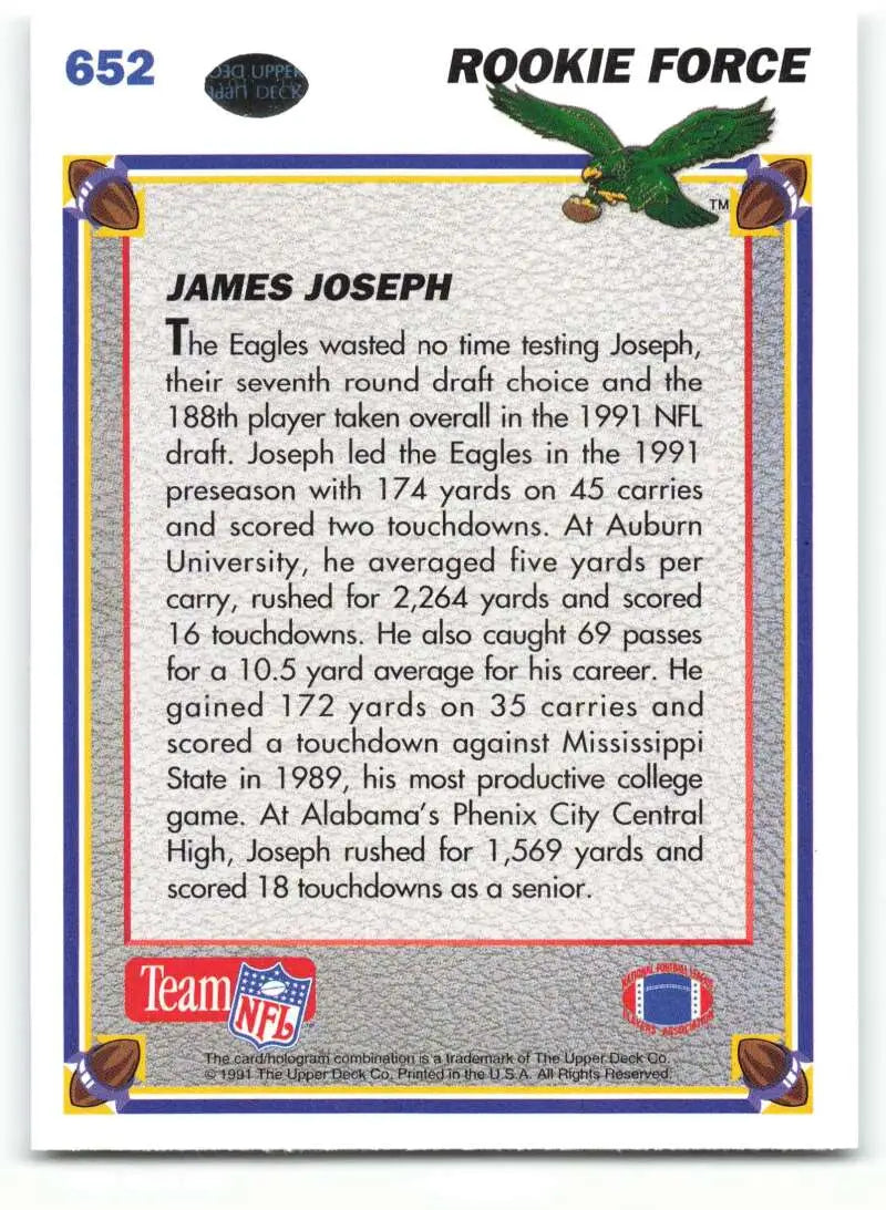 1991 Upper Deck #652 James Joseph NM-MT RC Rookie Philadelphia Eagles Football Card - Football Card Single
