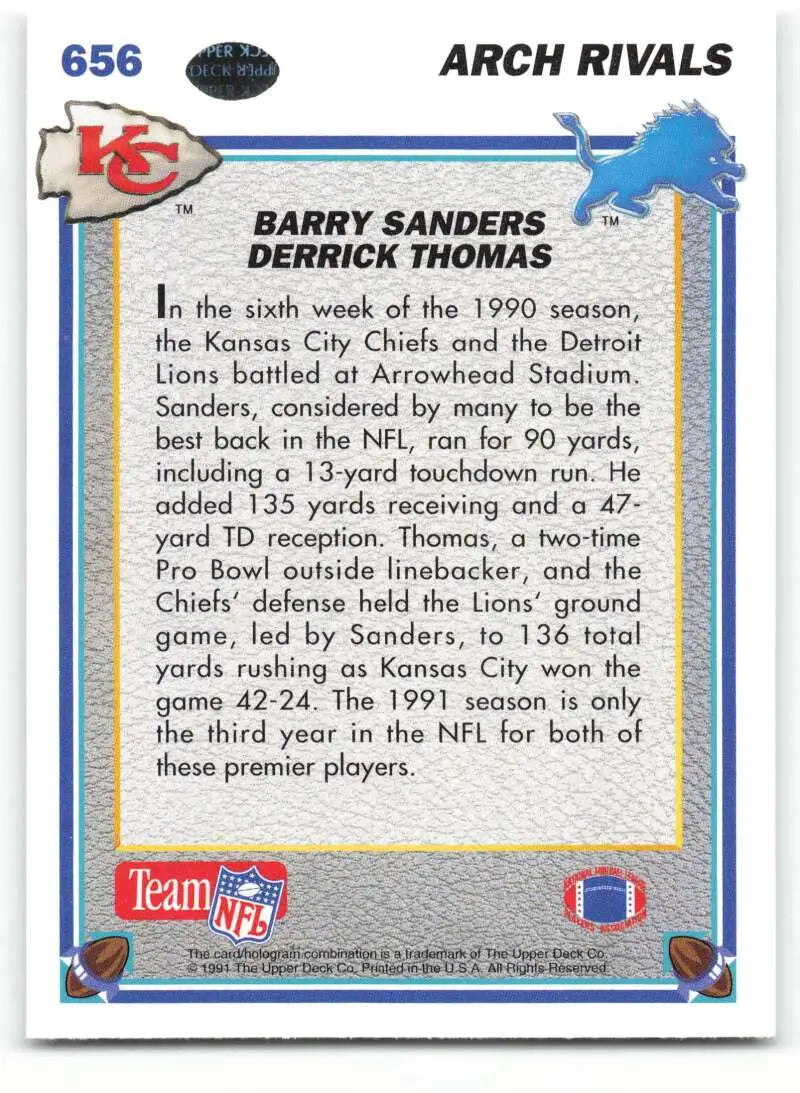 1991 Upper Deck #656 Barry Sanders/Derrick Thomas NM-MT Detroit Lions/Kansas City Chiefs Football Card - Football Card