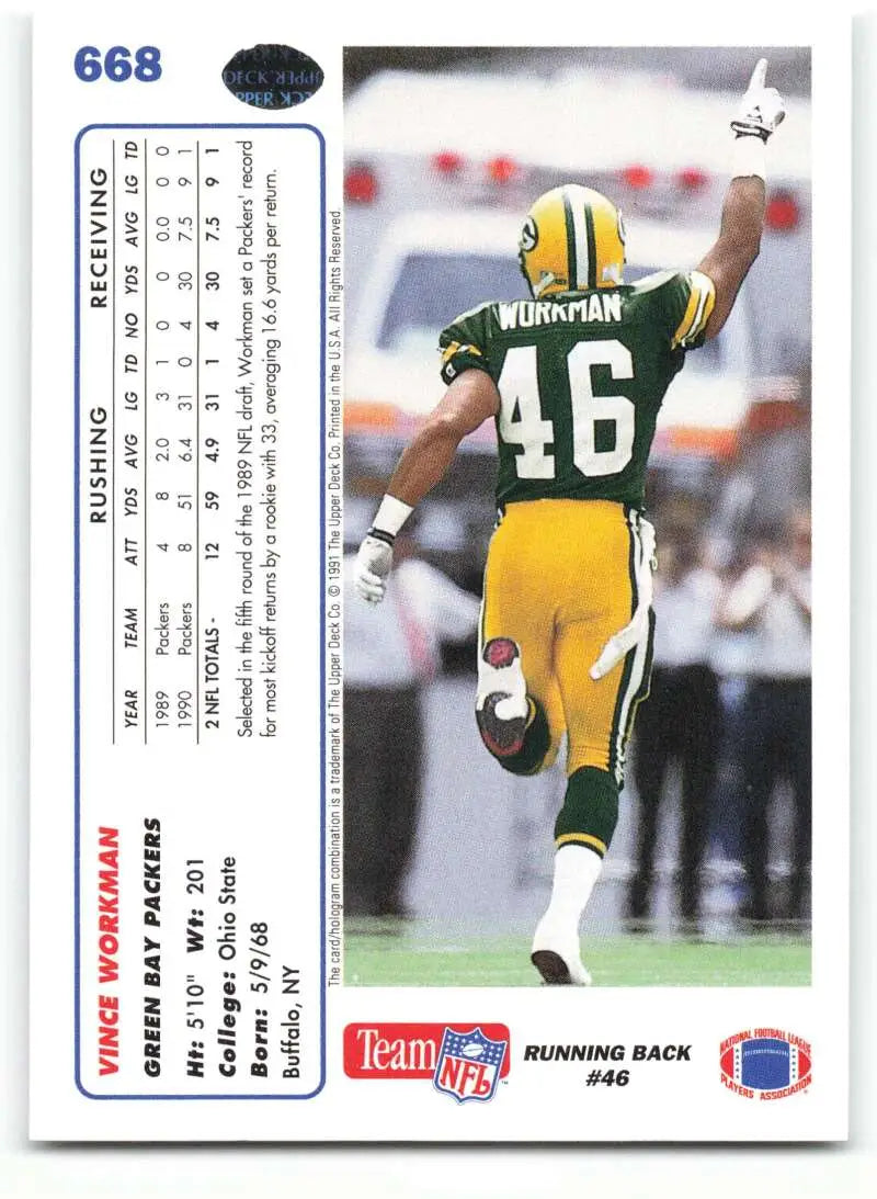 1991 Upper Deck #668 Vince Workman NM-MT RC Rookie Green Bay Packers Football Card - Football Card Single