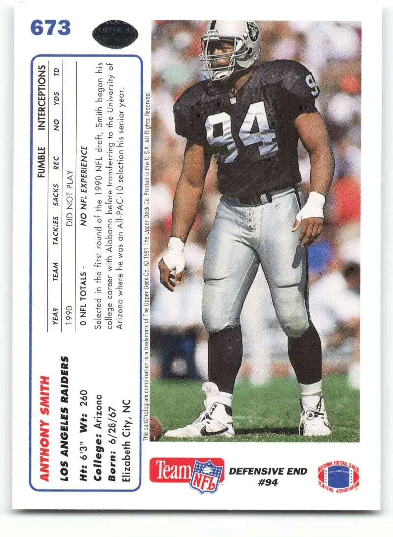 1991 Upper Deck #673 Anthony Smith NM-MT Los Angeles Raiders Football Card - Football Card Single