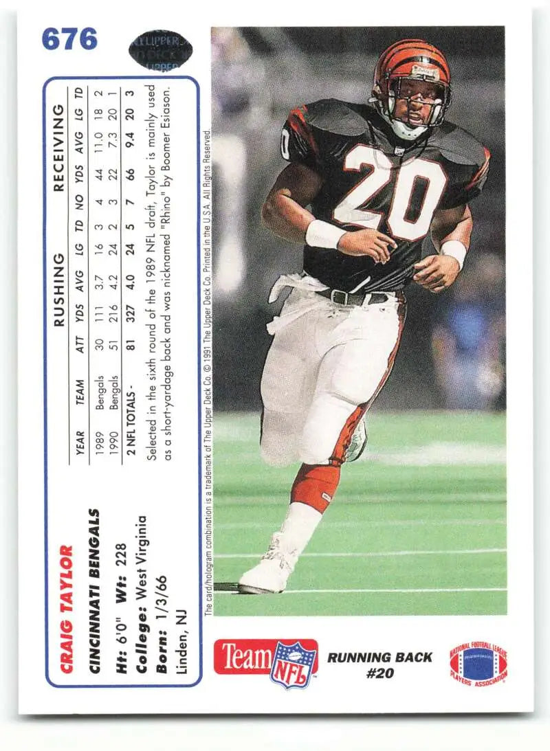 1991 Upper Deck #676 Craig Taylor NM-MT RC Rookie Cincinnati Bengals Football Card - Football Card Single