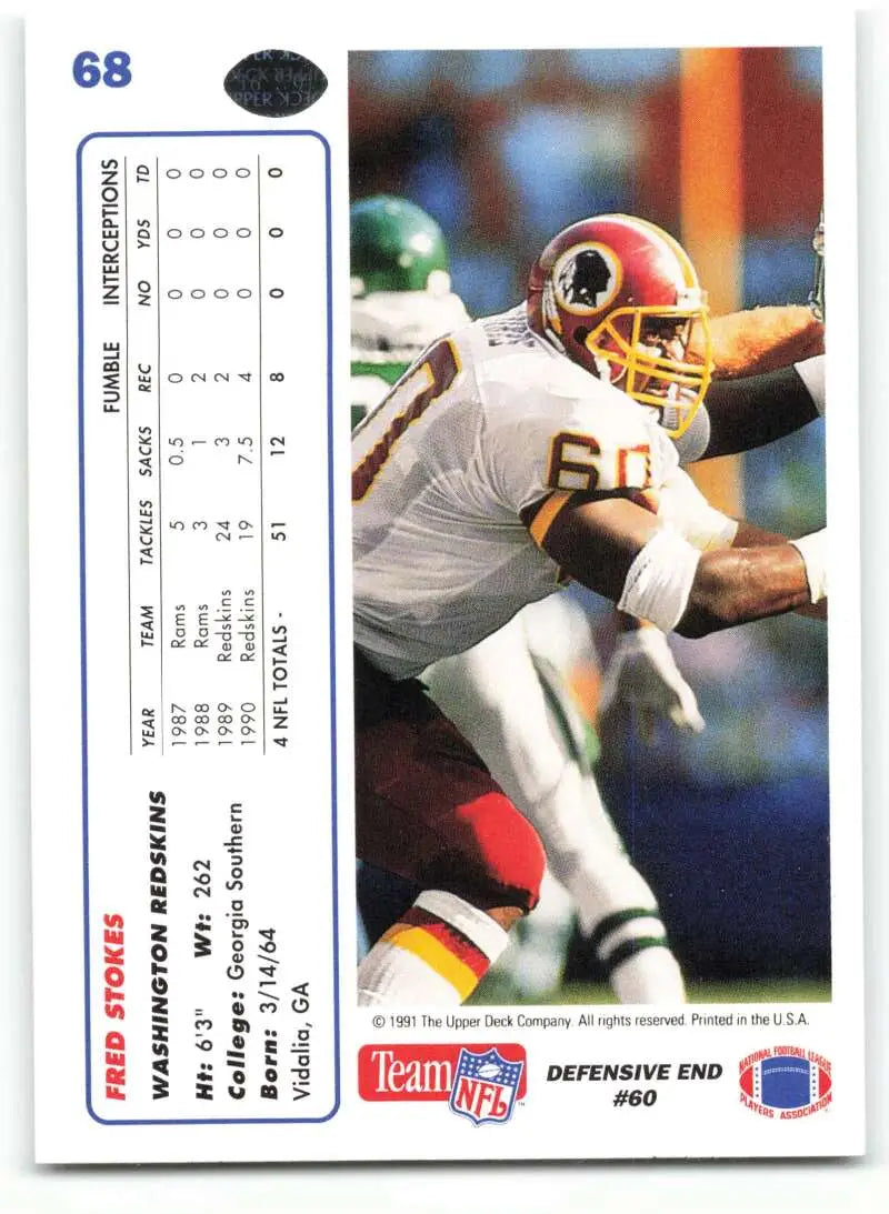 1991 Upper Deck #68 Fred Stokes NM-MT RC Rookie Washington Redskins Football Card - Football Card Single