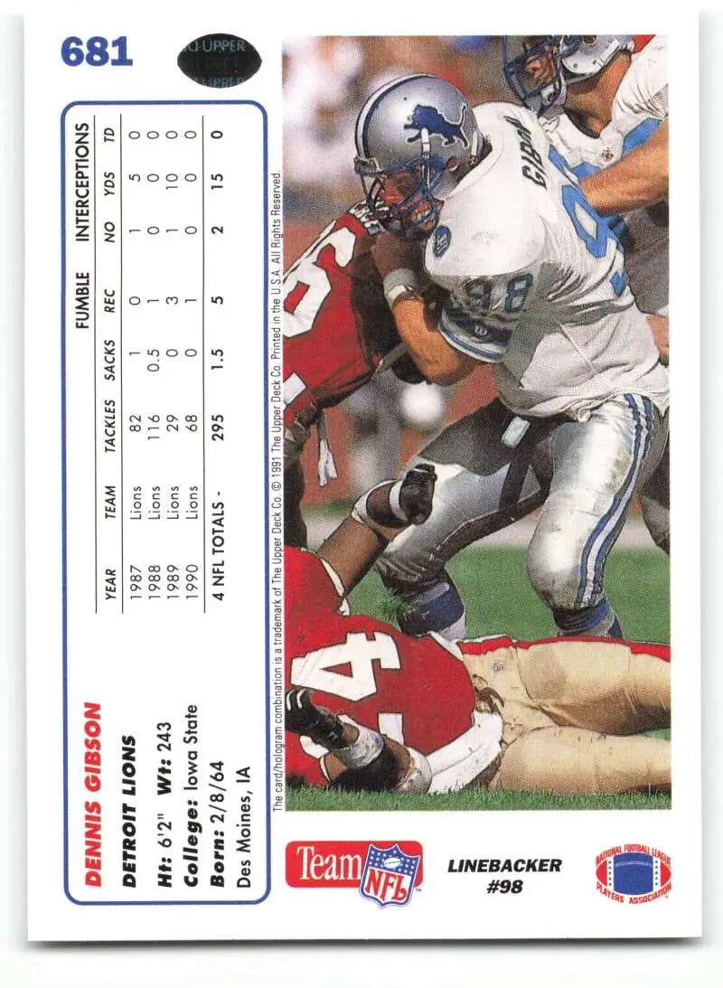 1991 Upper Deck #681 Dennis Gibson NM-MT Detroit Lions Football Card - Football Card Single