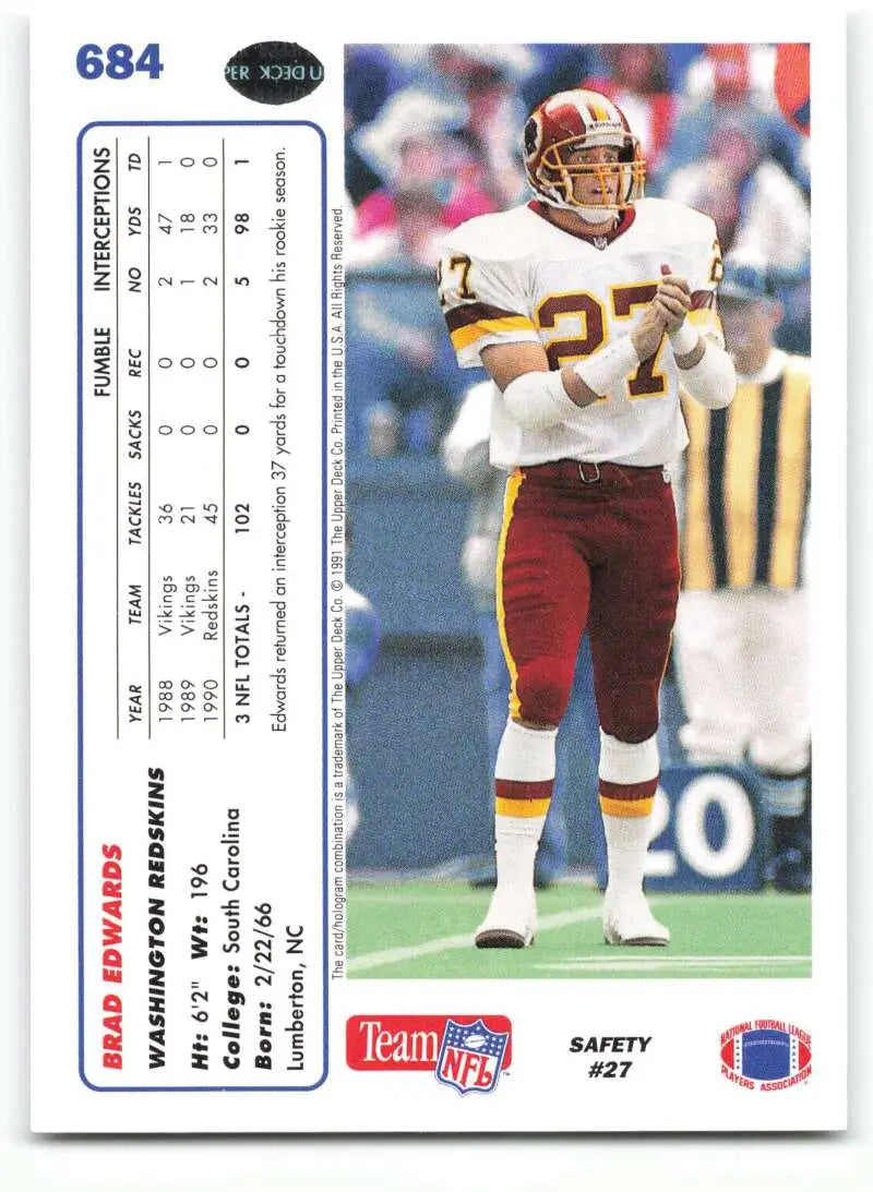 1991 Upper Deck #684 Brad Edwards NM-MT RC Rookie Washington Redskins Football Card - Football Card Single