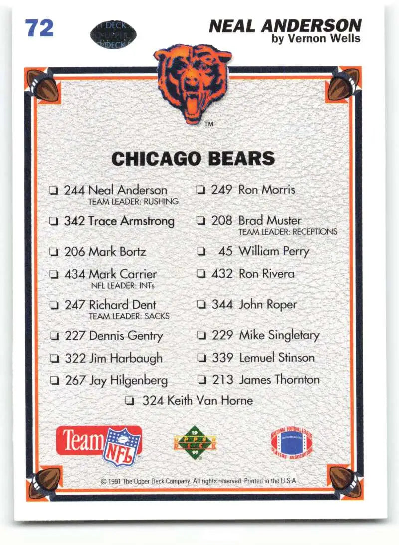 1991 Upper Deck #72 Neal Anderson NM-MT Chicago Bears Football Card - Football Card Single