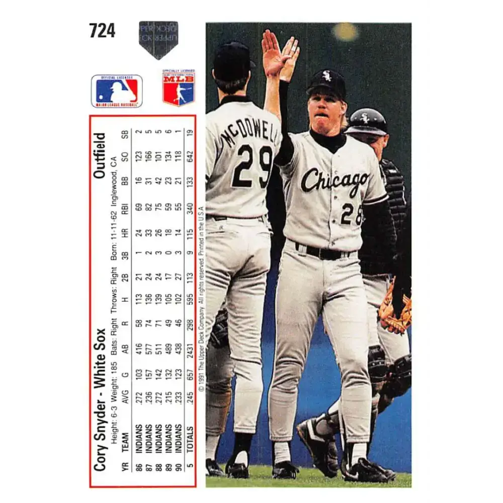 1991 Upper Deck #724 Cory Snyder EX Excellent Chicago White Sox Baseball Card - Baseball Card Single