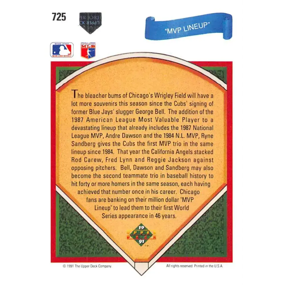 1991 Upper Deck #725 Andre Dawson/George Bell/Ryne Sandberg EX Excellent Chicago Cubs Baseball Card - Baseball Card