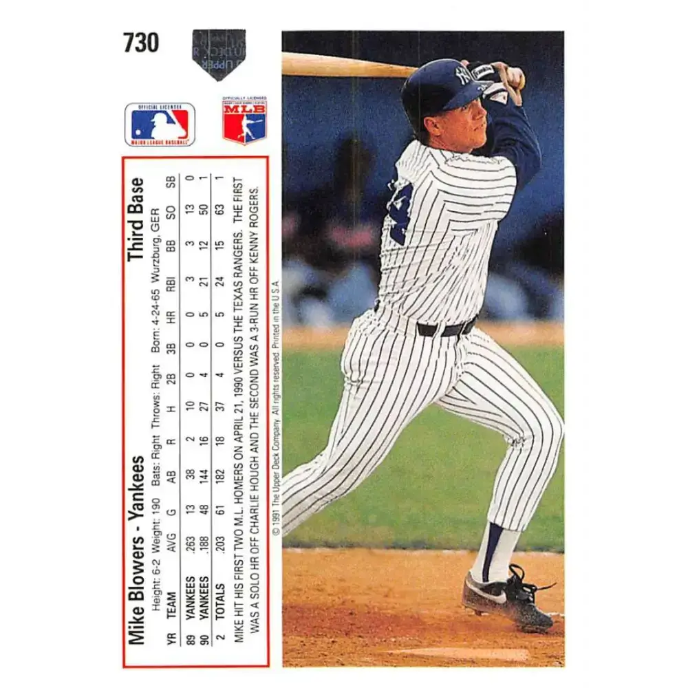 1991 Upper Deck #730 Mike Blowers EX Excellent New York Yankees Baseball Card - Baseball Card Single