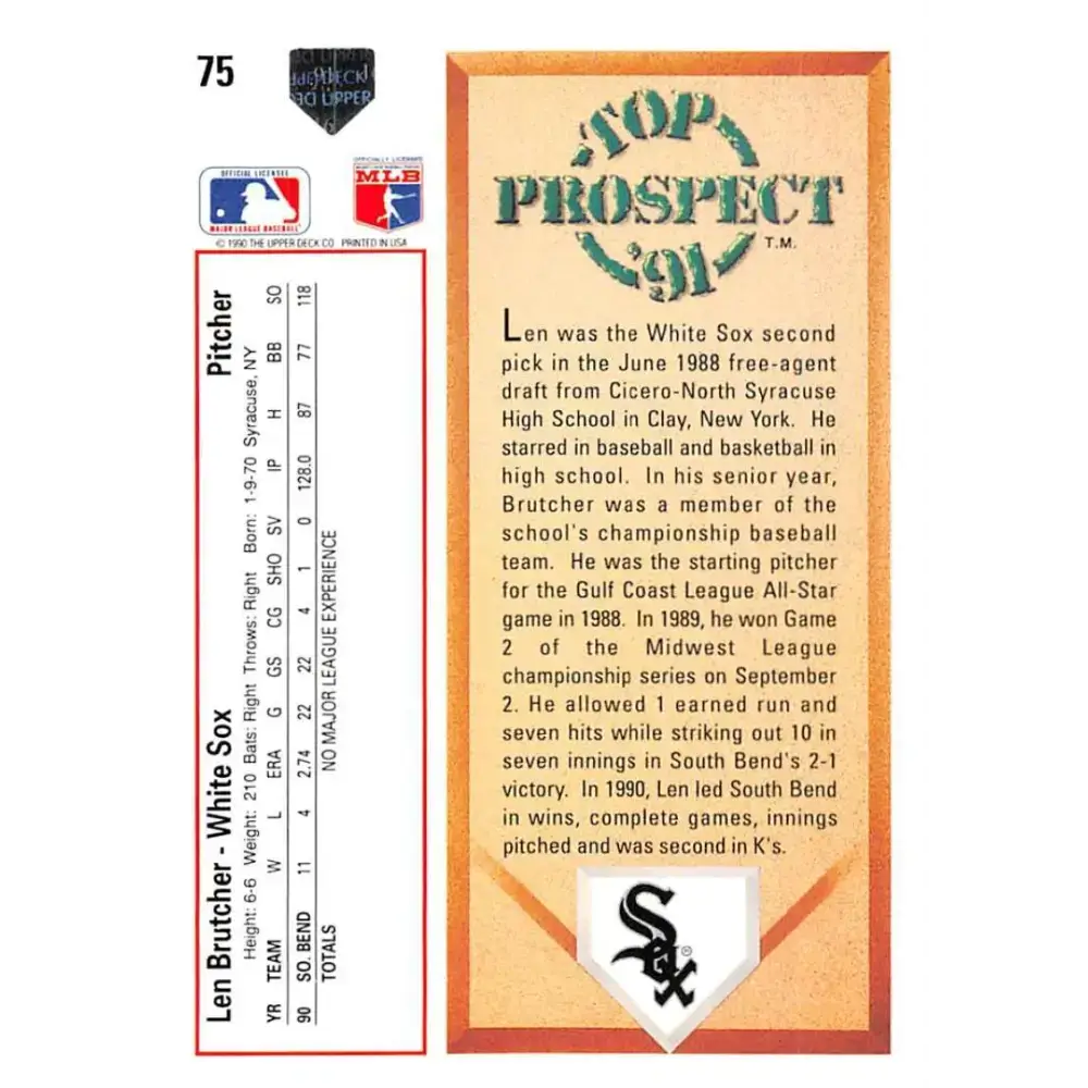 1991 Upper Deck #75 Len Brutcher NM-MT RC Rookie Chicago White Sox Baseball Card - Baseball Card Single
